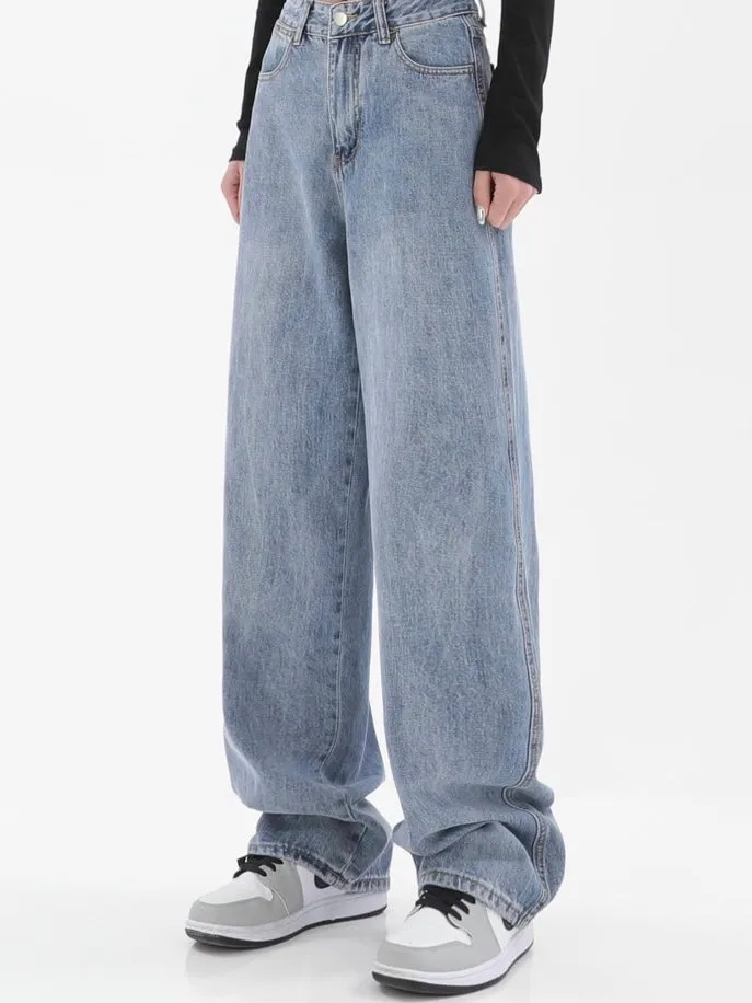 Ined Vintage Light Blue Denim High-waisted Loose Straight Leg Mopping Wide-leg Jeans Pants