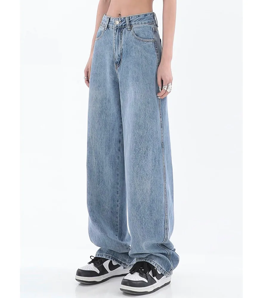 Ined Vintage Light Blue Denim High-waisted Loose Straight Leg Mopping Wide-leg Jeans Pants
