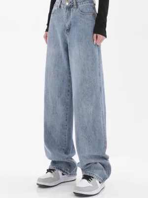 Ined Vintage Light Blue Denim High-waisted Loose Straight Leg Mopping Wide-leg Jeans Pants