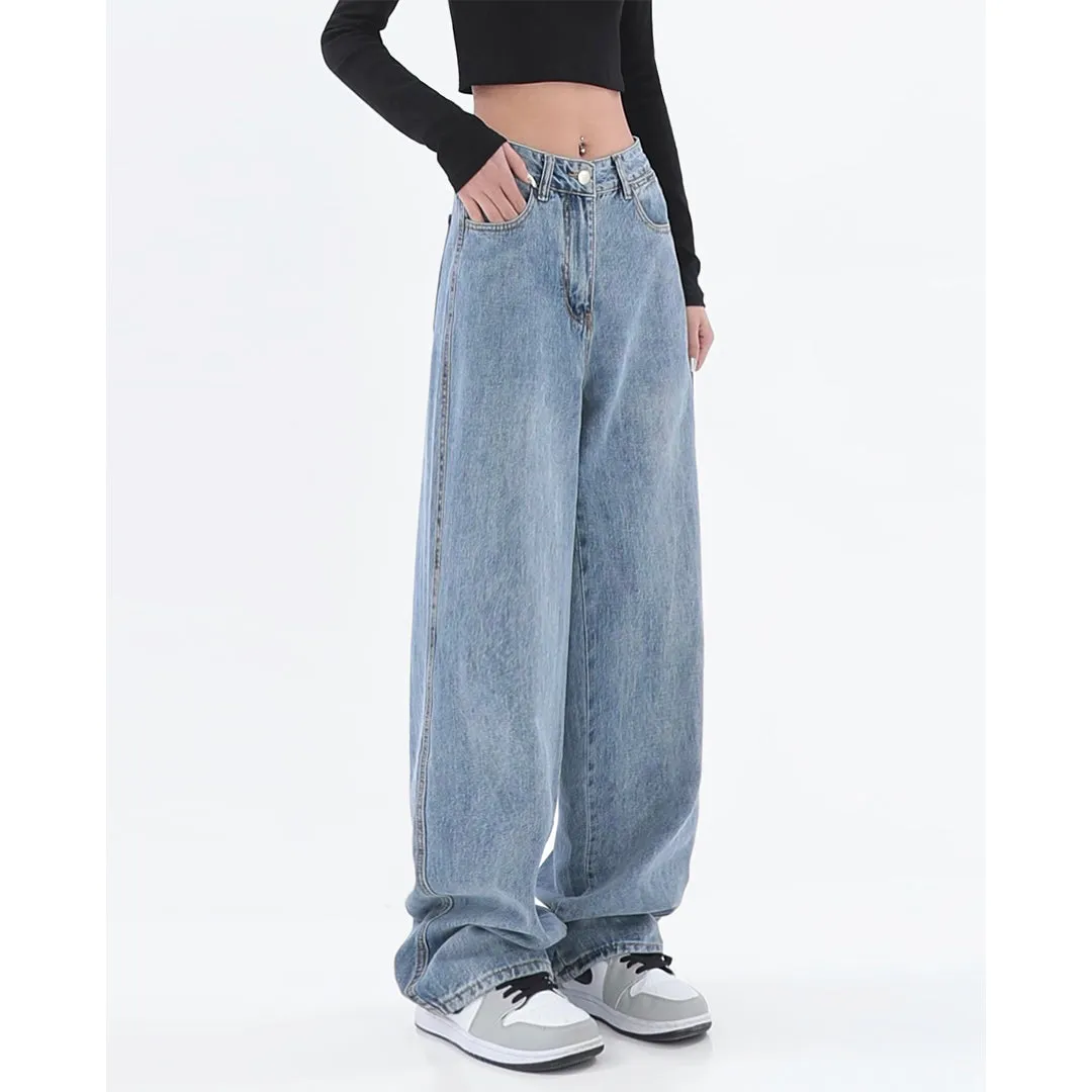Ined Vintage Light Blue Denim High-waisted Loose Straight Leg Mopping Wide-leg Jeans Pants