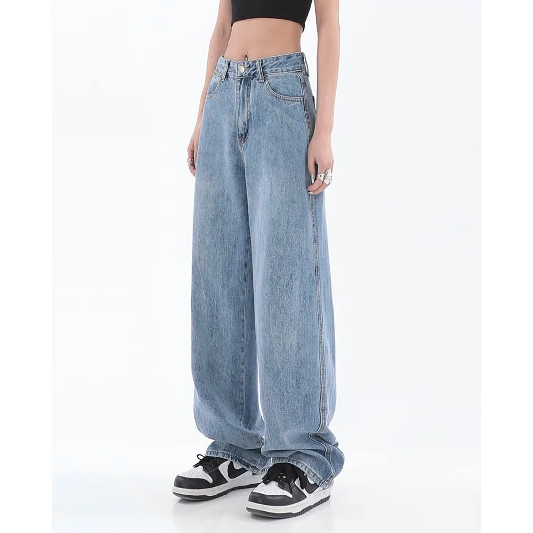 Ined Vintage Light Blue Denim High-waisted Loose Straight Leg Mopping Wide-leg Jeans Pants