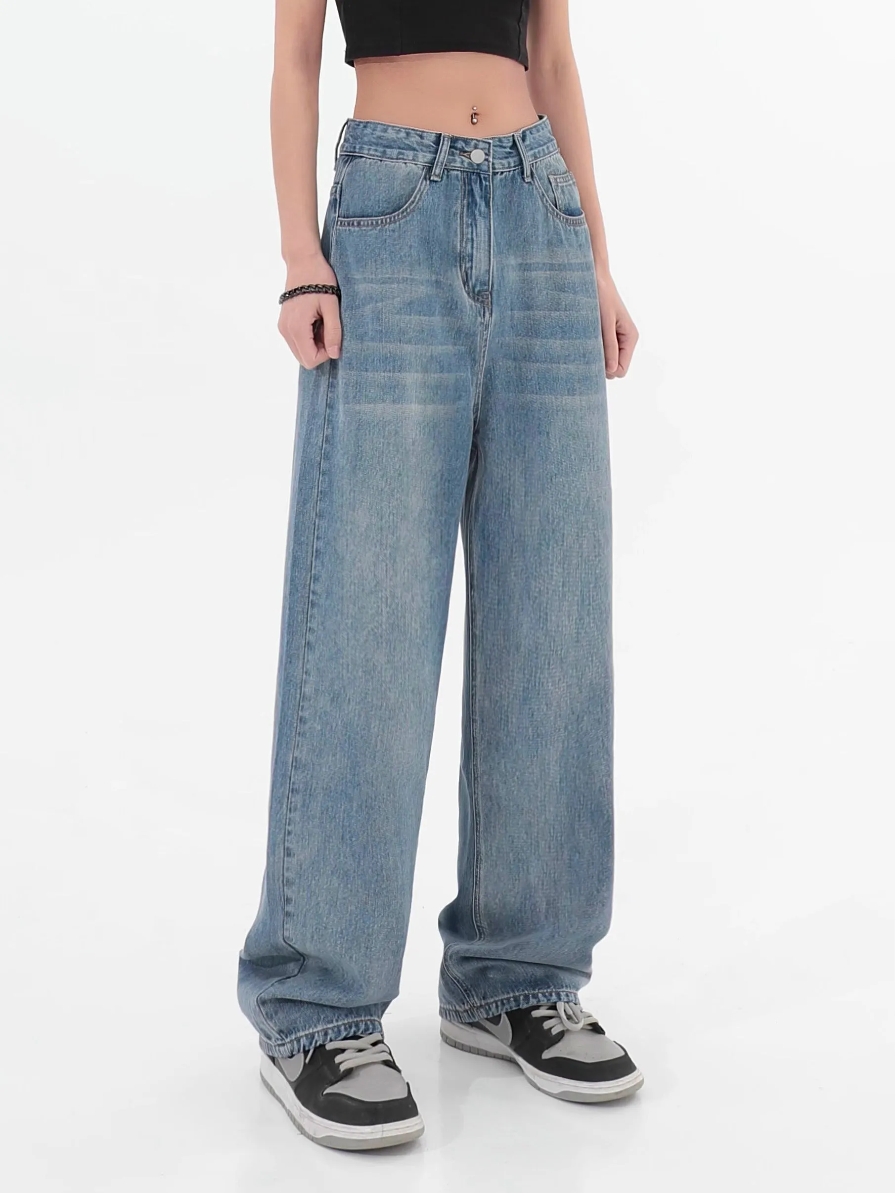 Ined Vintage Light Blue Denim High-waisted Loose Straight Leg Mopping Wide-leg Jeans Pants