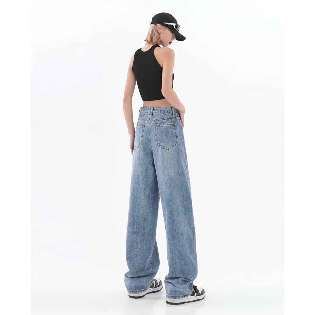 Ined Vintage Light Blue Denim High-waisted Loose Straight Leg Mopping Wide-leg Jeans Pants