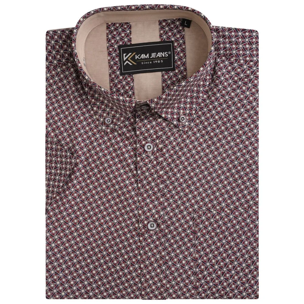 KAM All Over Geo Print Short Sleeve Shirt for Mens KBS6280 in Burgundy, 2XL-8XL