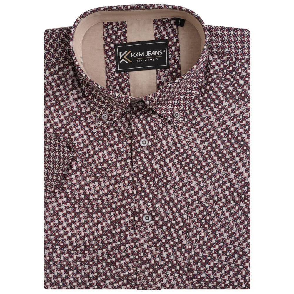 KAM All Over Geo Print Short Sleeve Shirt for Mens KBS6280 in Burgundy, 2XL-8XL