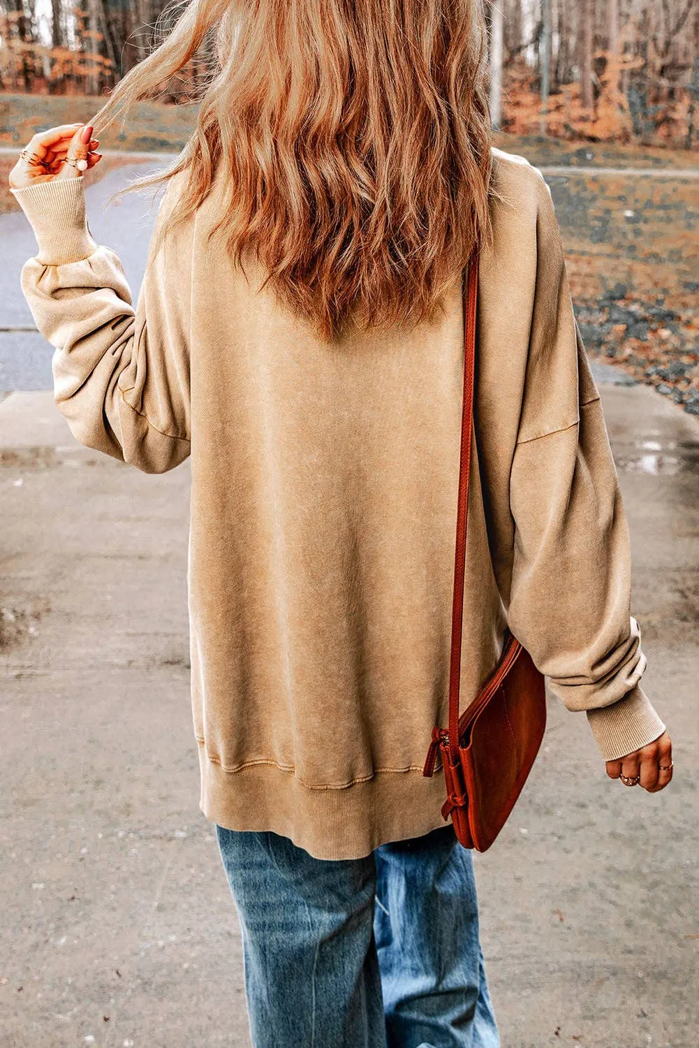 Khaki Drop Shoulder Ribbed Trim Oversized Sweatshirt: Khaki / L / 75%Polyester 25%Cotton