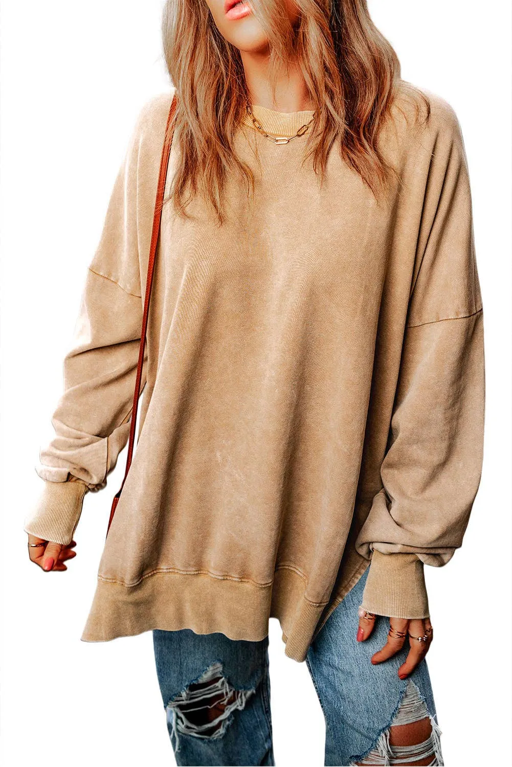 Khaki Drop Shoulder Ribbed Trim Oversized Sweatshirt: Khaki / L / 75%Polyester 25%Cotton
