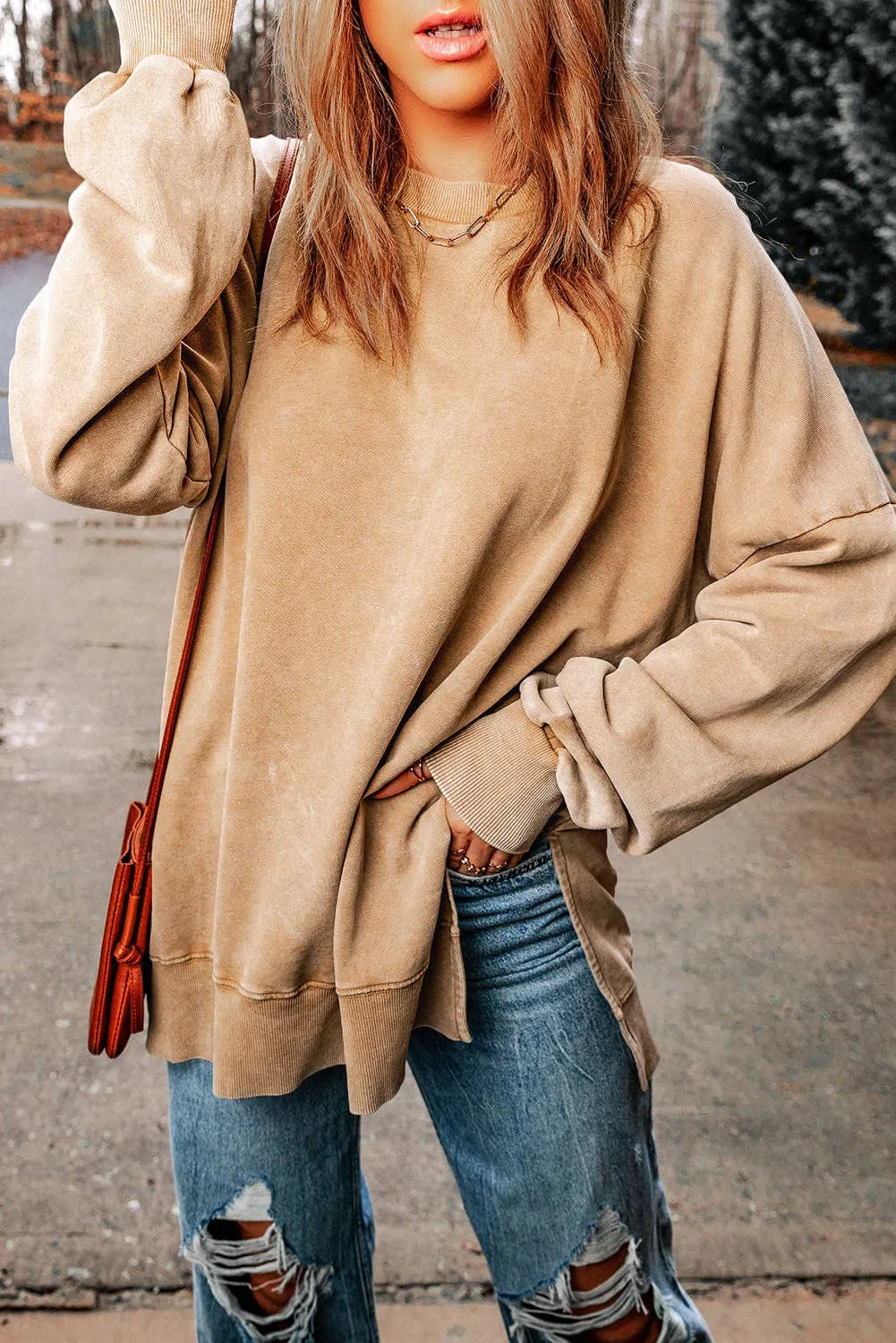 Khaki Drop Shoulder Ribbed Trim Oversized Sweatshirt: Khaki / L / 75%Polyester 25%Cotton