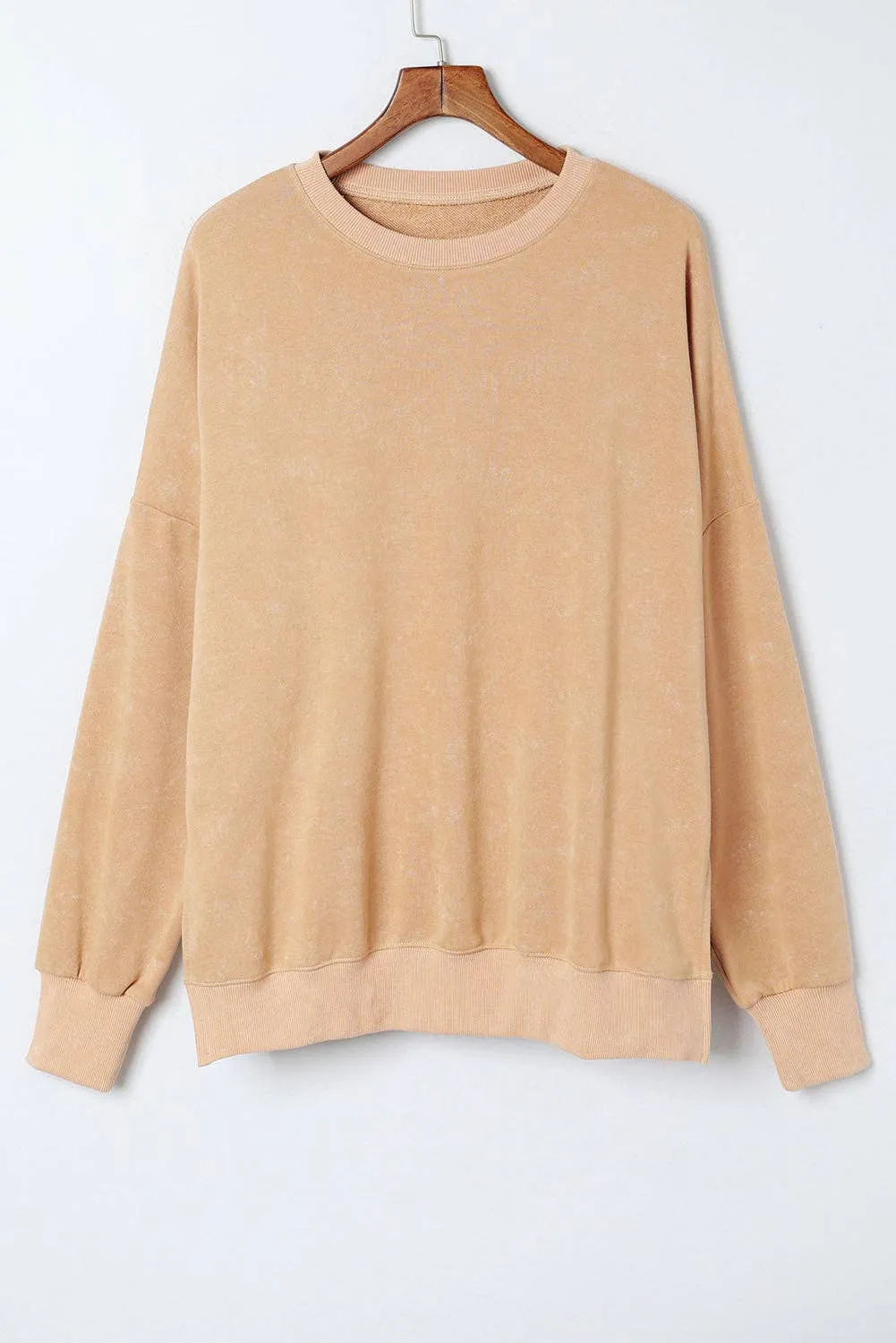 Khaki Drop Shoulder Ribbed Trim Oversized Sweatshirt: Khaki / M / 75%Polyester 25%Cotton