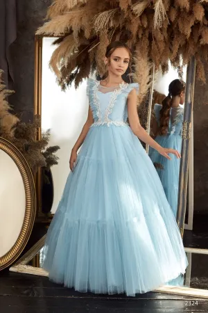 L2324 Light Blue Tulle and Lace Birthday Girl Dress