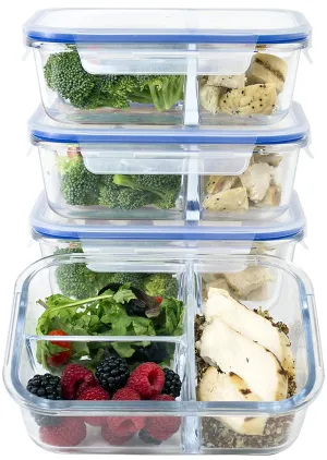 [Large Premium 4 Pack] 3 Compartment Glass Meal Prep Containers w/New Divider Seal Tech Best Quality Snap Locking Lids Airtight 8 Pcs Glass Food Containers Set BPA-Free (4.5 Cups, 36 Oz)