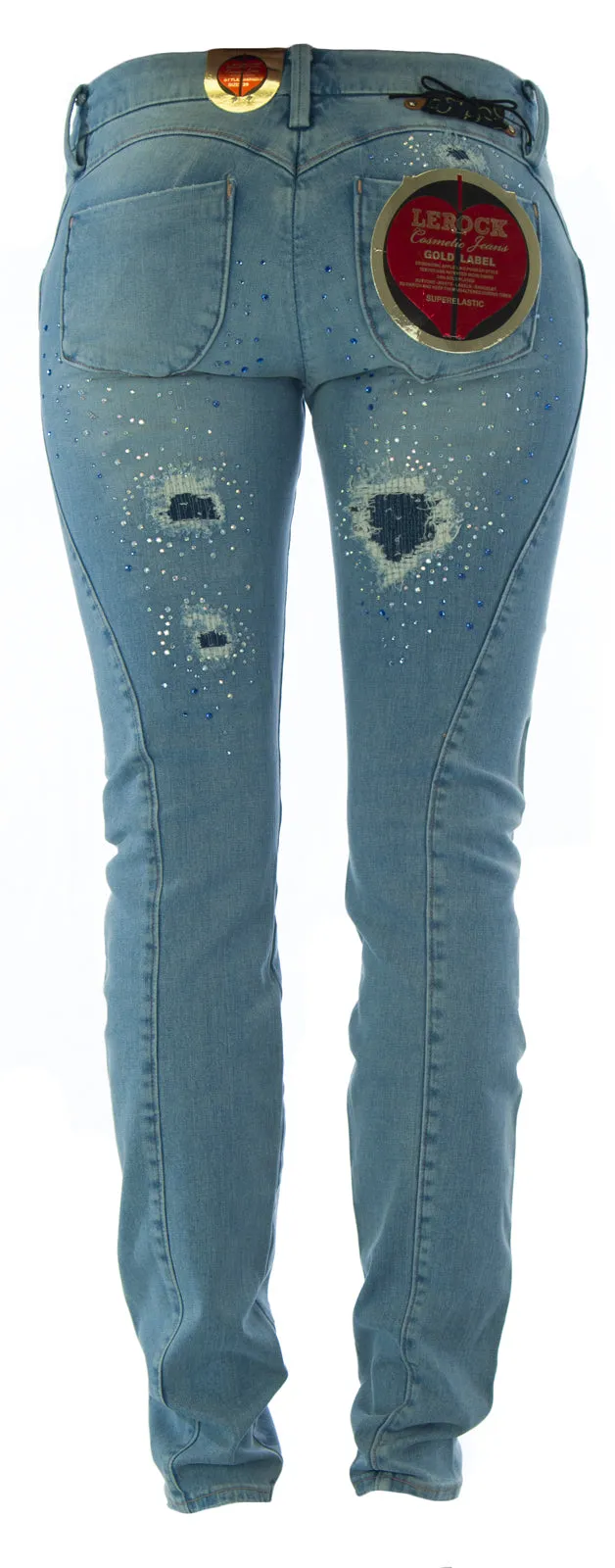 LEROCK Women's Light Blue Straight Leg Distressed Bedazzled Denim Jeans NEW