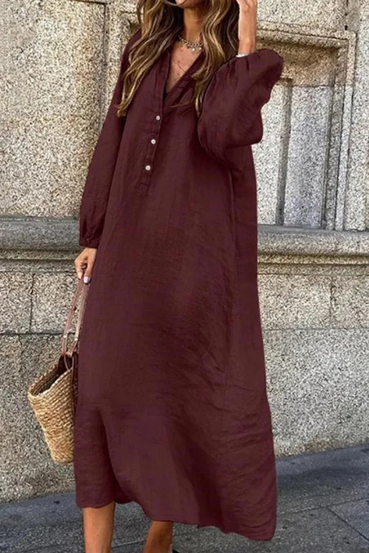 Lia - Cotton linen dress with V-neckline and single button breasted closure.