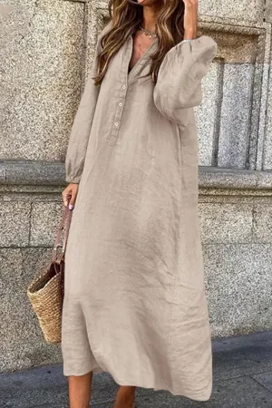 Lia - Cotton linen dress with V-neckline and single button breasted closure.