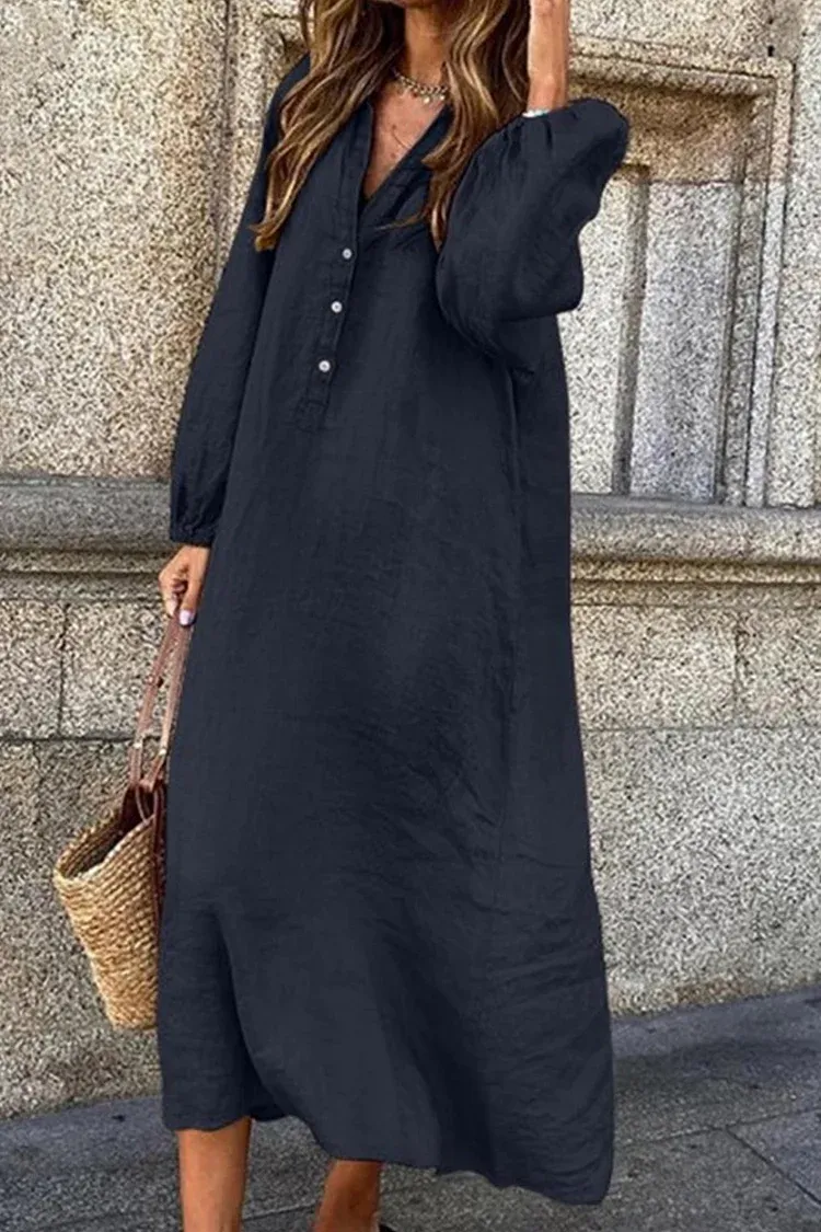Lia - Cotton linen dress with V-neckline and single button breasted closure.