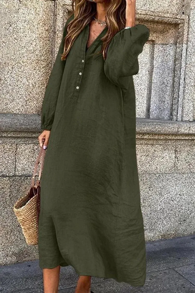 Lia - Cotton linen dress with V-neckline and single button breasted closure.