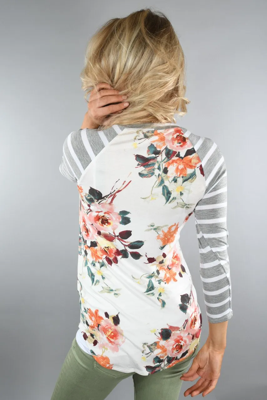 Light Grey Floral And Stripes Top