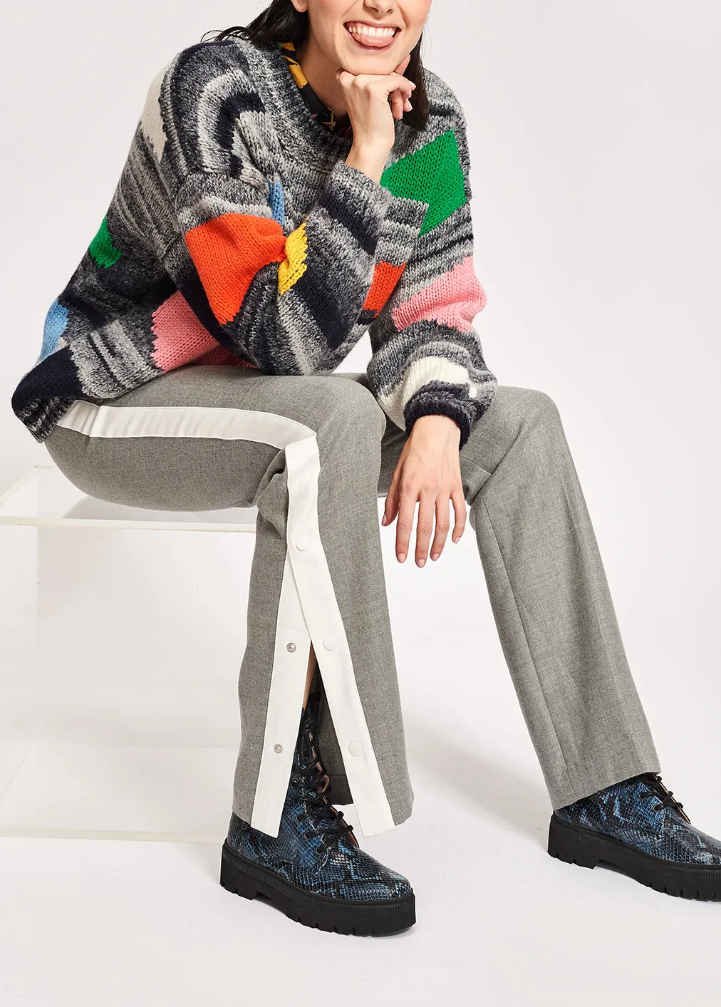 Light grey wool-blend pants with contrasting stripe