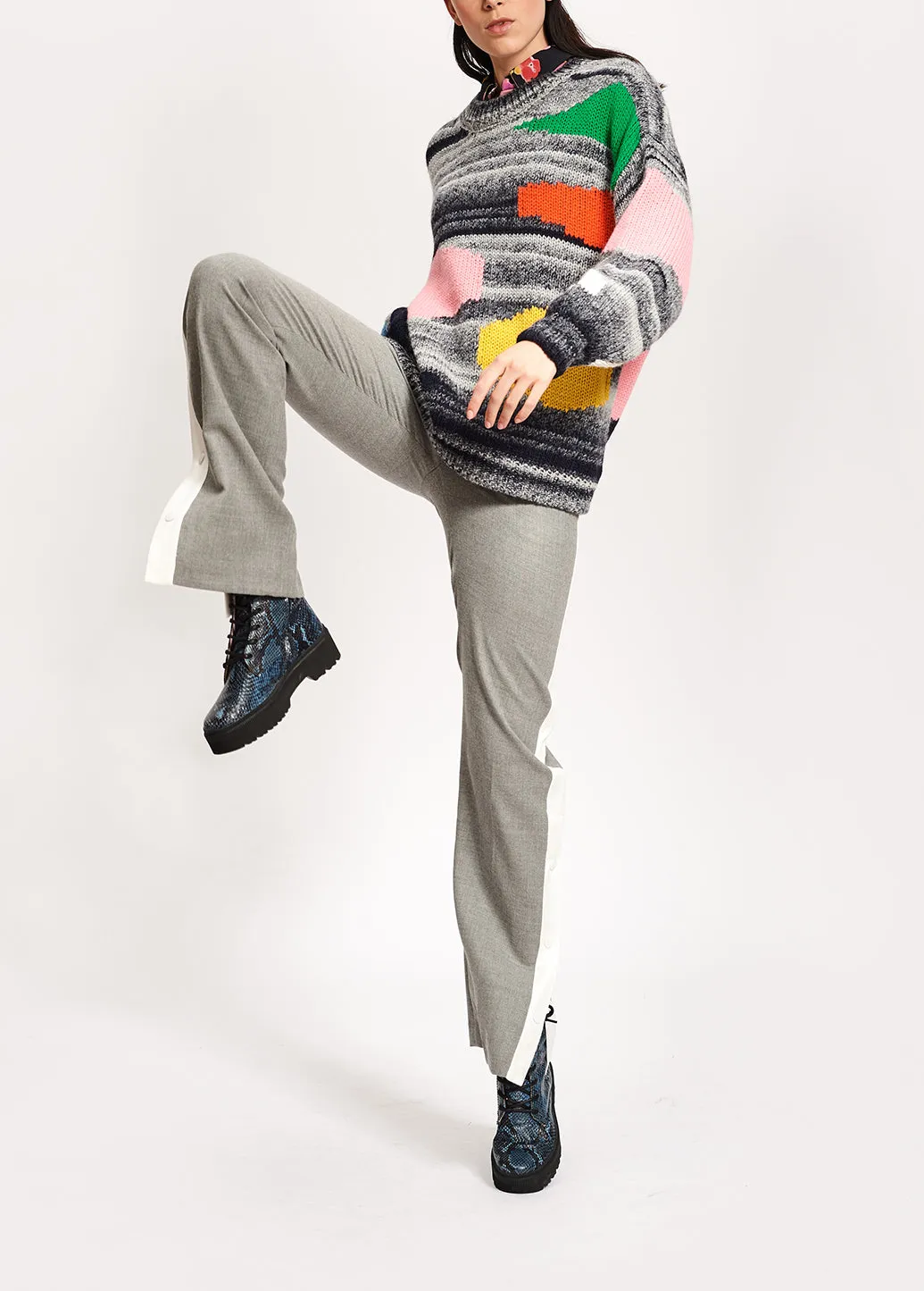 Light grey wool-blend pants with contrasting stripe