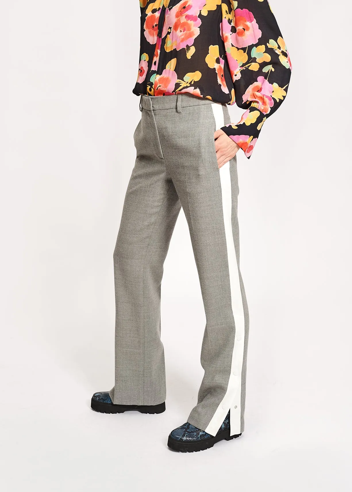 Light grey wool-blend pants with contrasting stripe