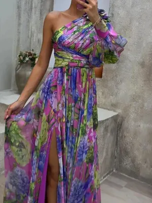 Lilac - Purple print side slit and one sleeve sexy maxi dress