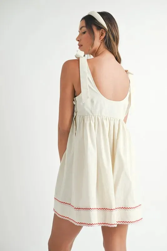 MABLE Zig Zag Embroidered Shoulder Tie Mini Dress