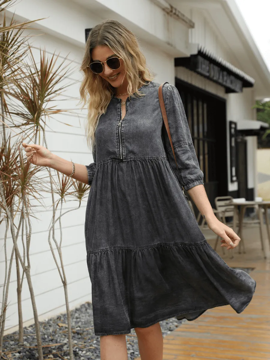 Makenna Tiered Denim Babydoll Midi Dress - Black
