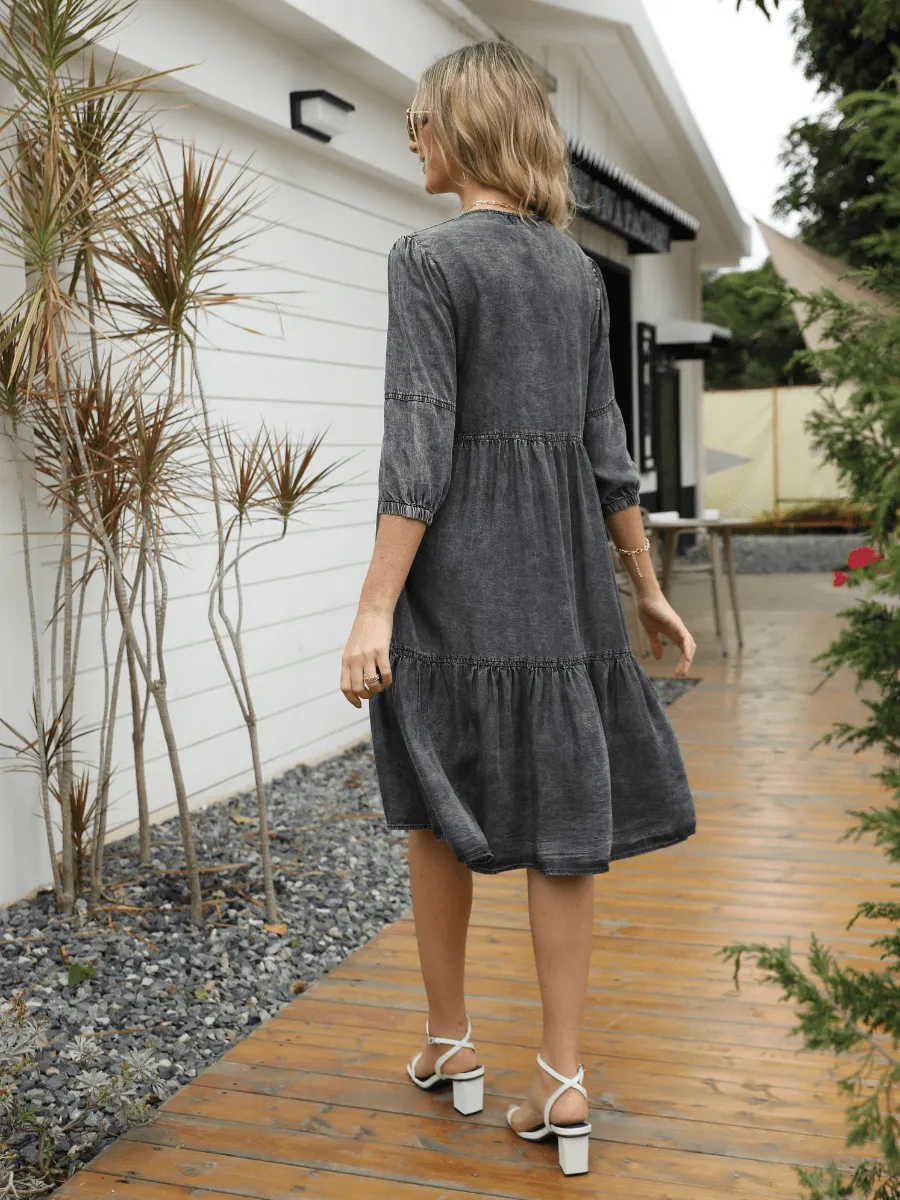 Makenna Tiered Denim Babydoll Midi Dress - Black