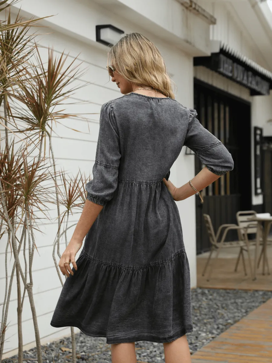 Makenna Tiered Denim Babydoll Midi Dress - Black