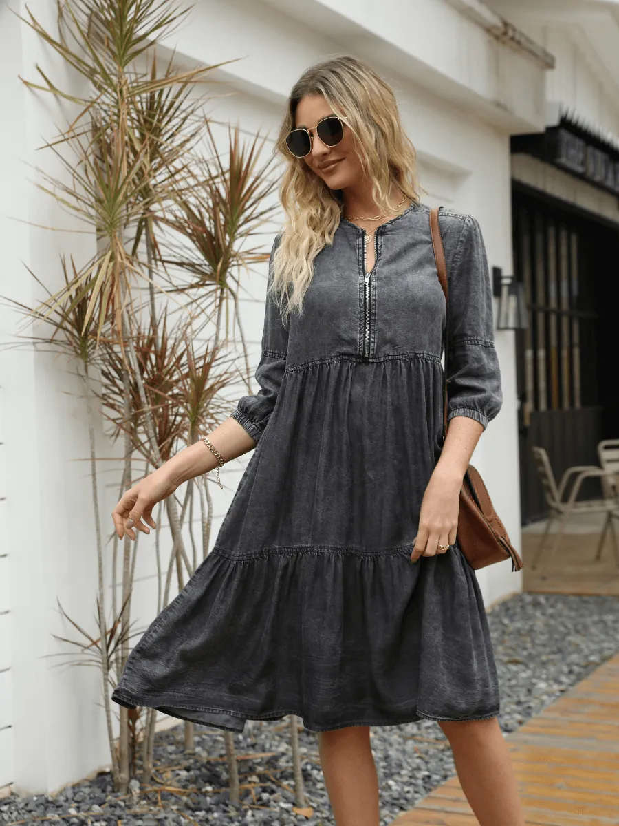 Makenna Tiered Denim Babydoll Midi Dress - Black