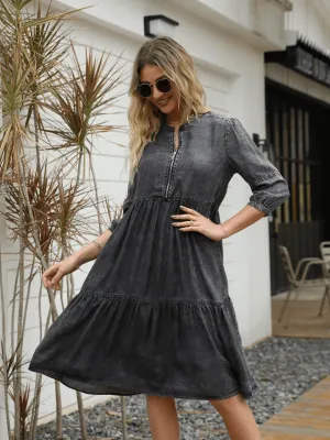 Makenna Tiered Denim Babydoll Midi Dress - Black
