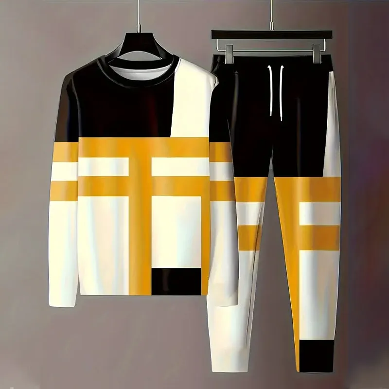 Men's 3D Printed Stripes T-shirt& Pants 2-Piece Set 2410003656