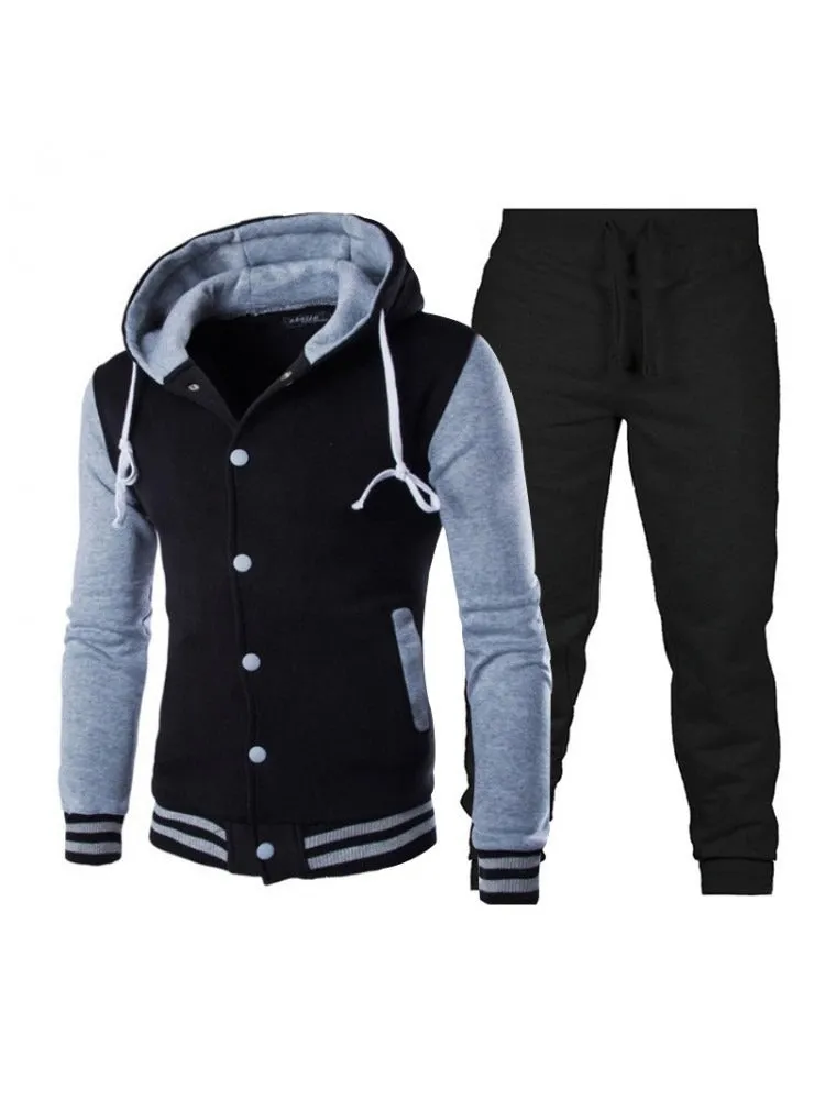 Men's Button Up Hooded Collar Pant Set