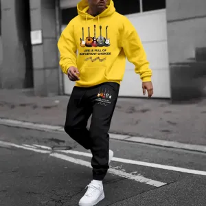 Men's Guitar Print Hooded Sweatshirt & Pants Set
