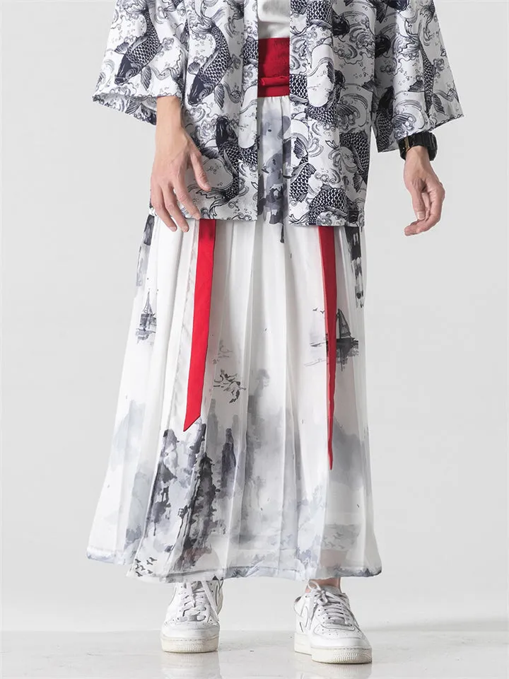 Men's Popular Mamianqun Ink Printing Pleated Skirt Pants