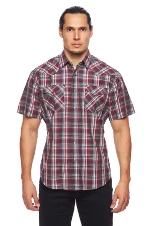Men's Western Short Sleeve Pearl Snaps Plaid Shirt-PS400S-477