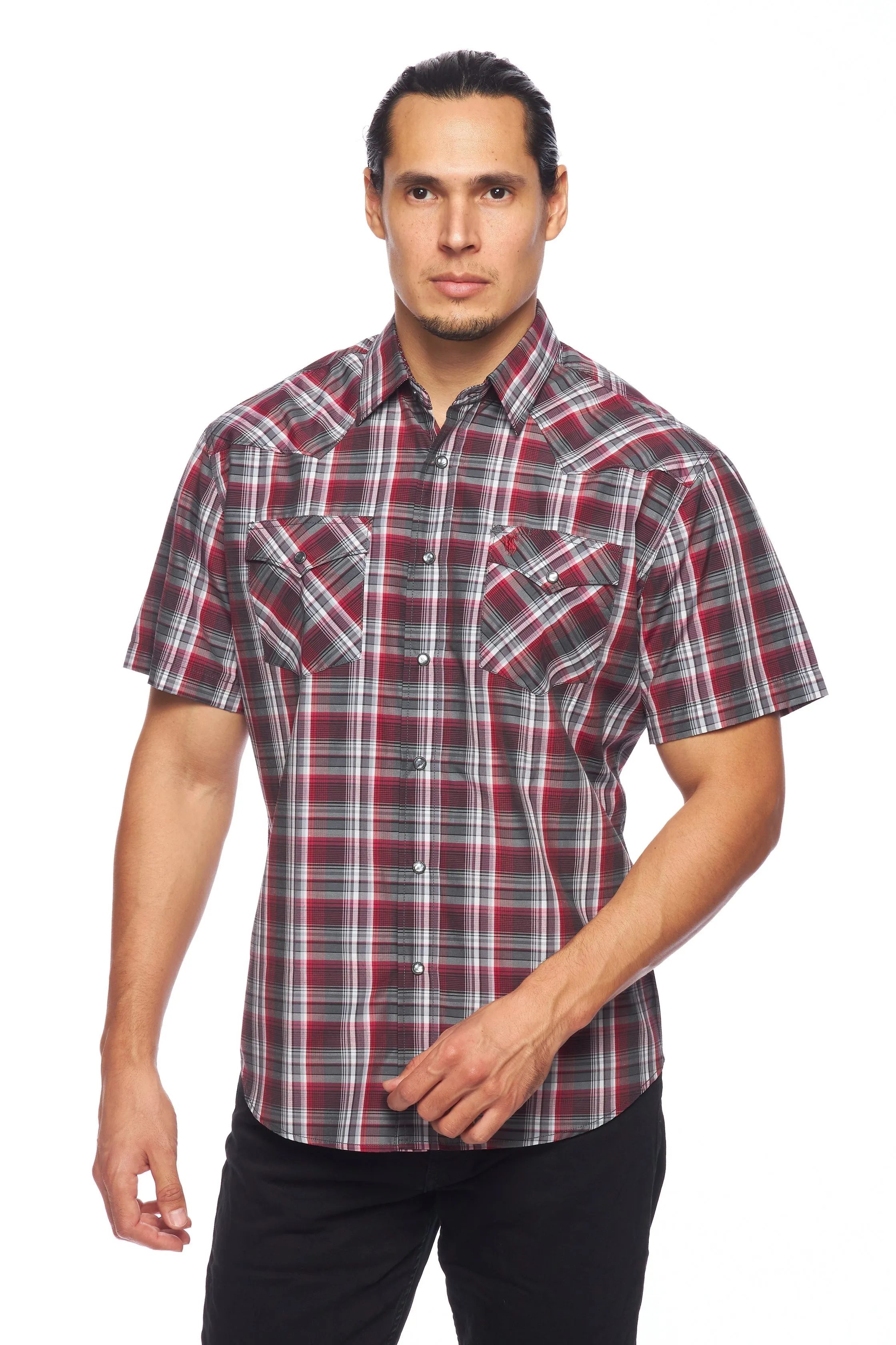 Men's Western Short Sleeve Pearl Snaps Plaid Shirt-PS400S-477