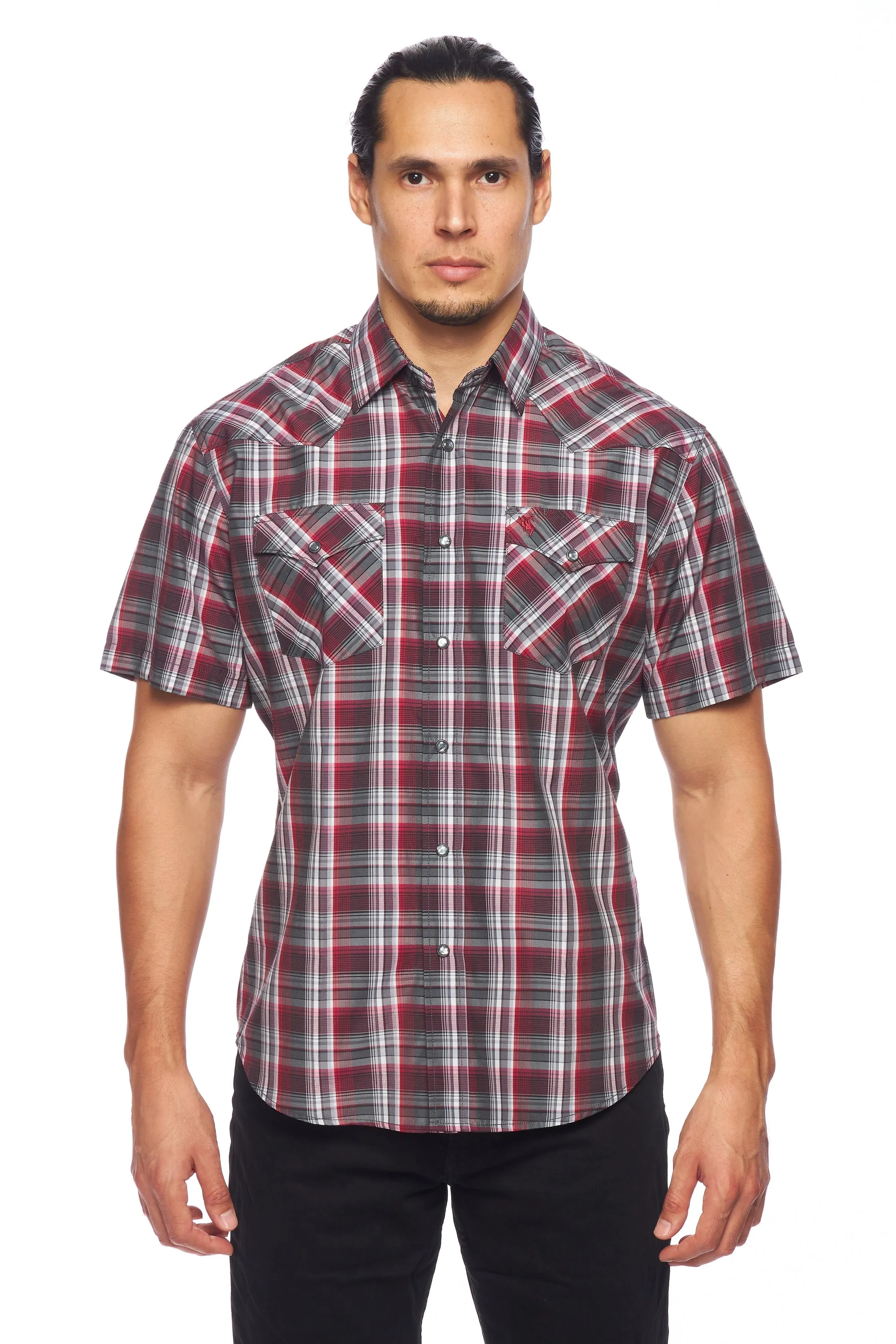 Men's Western Short Sleeve Pearl Snaps Plaid Shirt-PS400S-477