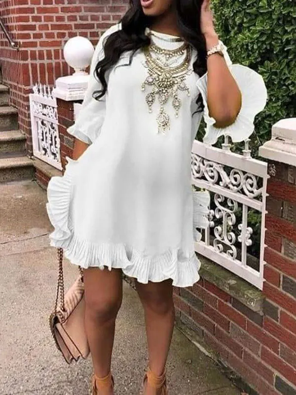 Momnfancy Ruffle Round Neck Elbow Sleeve Cute Maternity Mini Dress