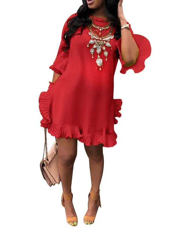 Momnfancy Ruffle Round Neck Elbow Sleeve Cute Maternity Mini Dress
