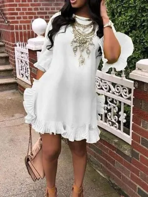 Momnfancy Ruffle Round Neck Elbow Sleeve Cute Maternity Mini Dress