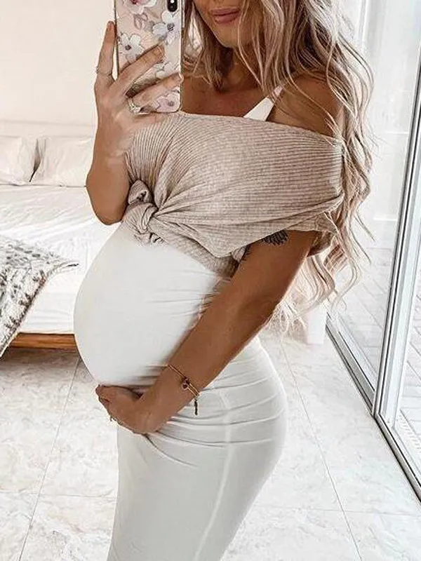 Momnfancy Solid Pleated Spaghetti Strap Bodycon Vest  Maternity Midi Dress