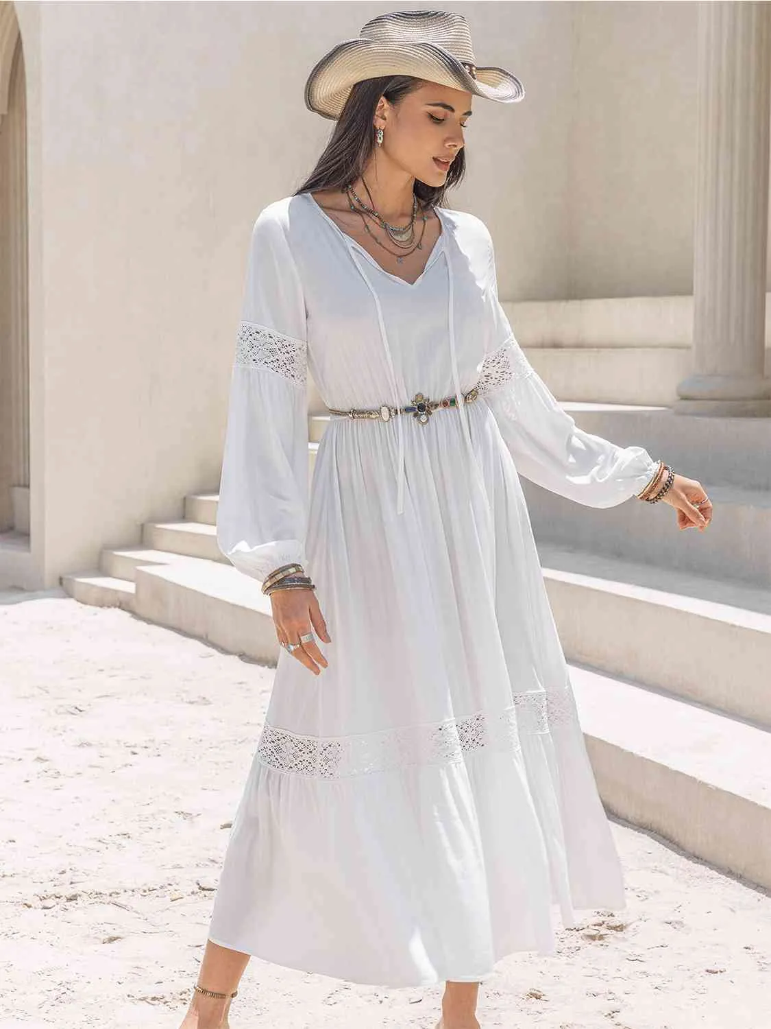 Mona Tie Neck Long Sleeve Midi Tiered Dress