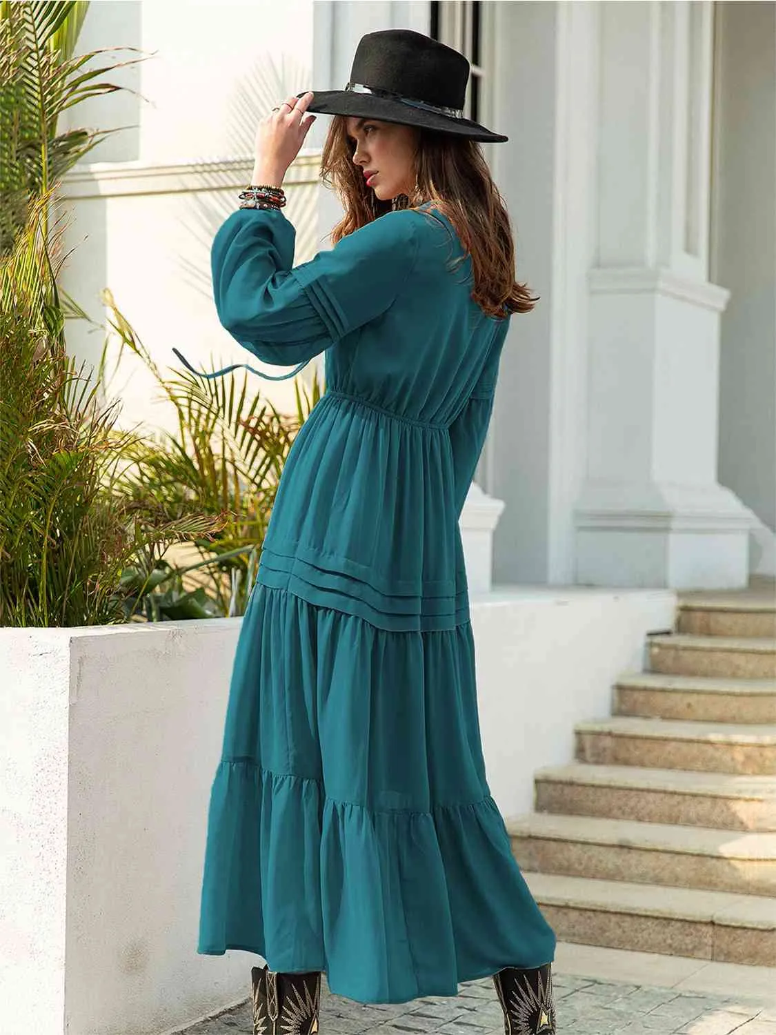 Mona Tie Neck Long Sleeve Midi Tiered Dress
