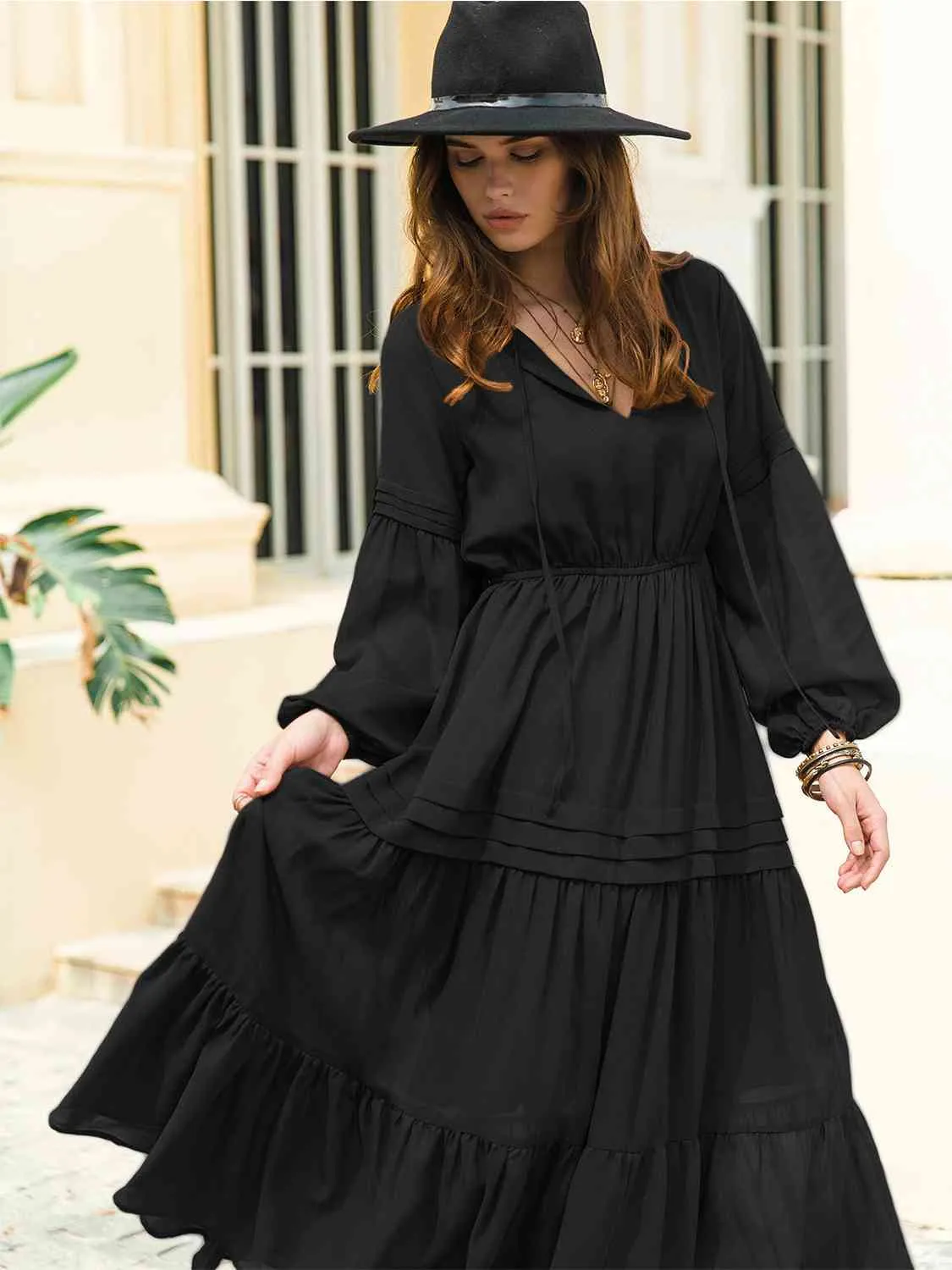 Mona Tie Neck Long Sleeve Midi Tiered Dress