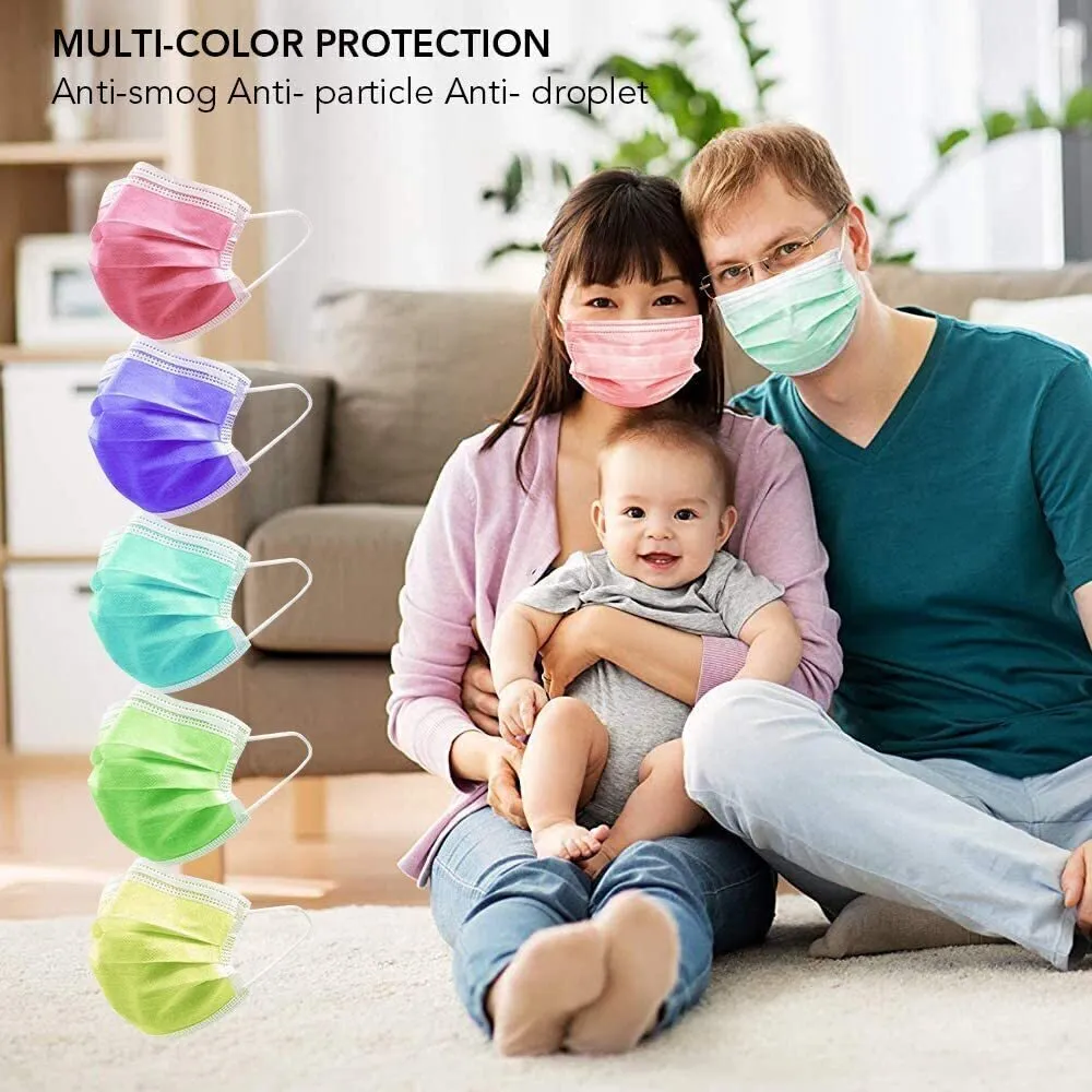 Multicolored Disposable 3-Ply Earloop Face Masks with Nose Clip / 5 Colors - (10) Pink   (10) Purple   (10) Yellow   (10) Cyan   (10) Chartreuse / Pack of 50