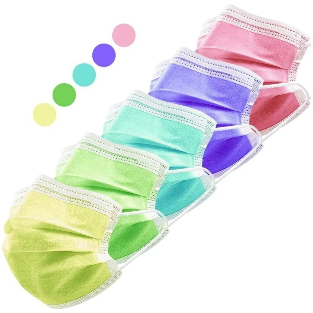 Multicolored Disposable 3-Ply Earloop Face Masks with Nose Clip / 5 Colors - (10) Pink   (10) Purple   (10) Yellow   (10) Cyan   (10) Chartreuse / Pack of 50