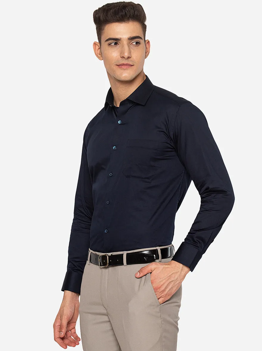 Navy Blue Solid Slim Fit Formal Shirt | Greenfibre