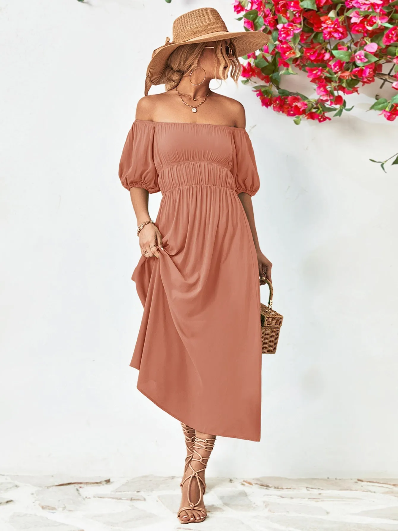 Off-Shoulder Balloon Casual Sleeve Midi Dress