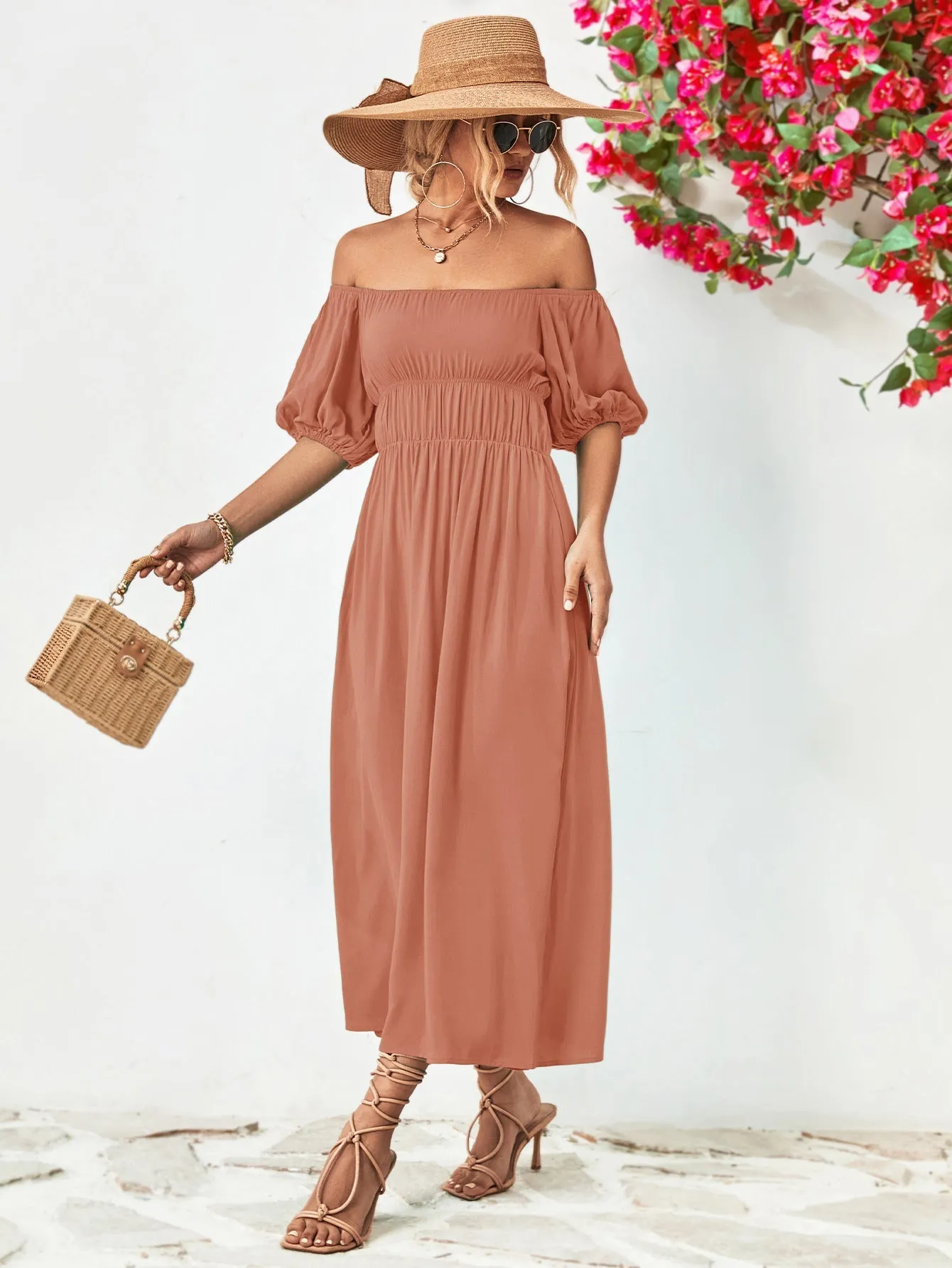 Off-Shoulder Balloon Casual Sleeve Midi Dress